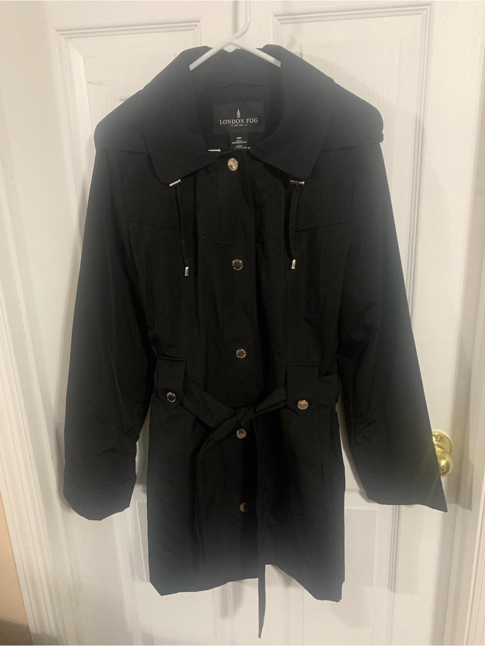 London Fog Black Hooded Trench with Waist Tie